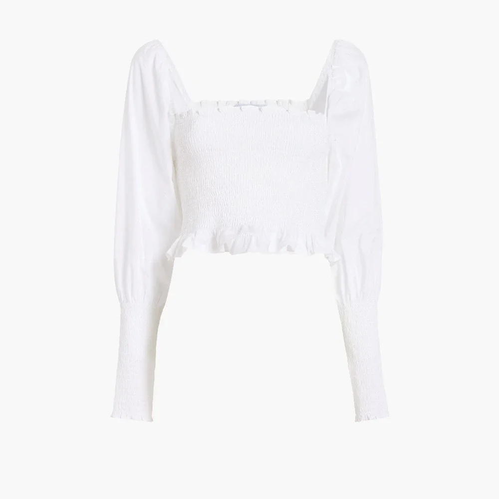 Hill House Home The Grace Nap Top White Smocked Square Neck Puff Sleeve‎ S NWT